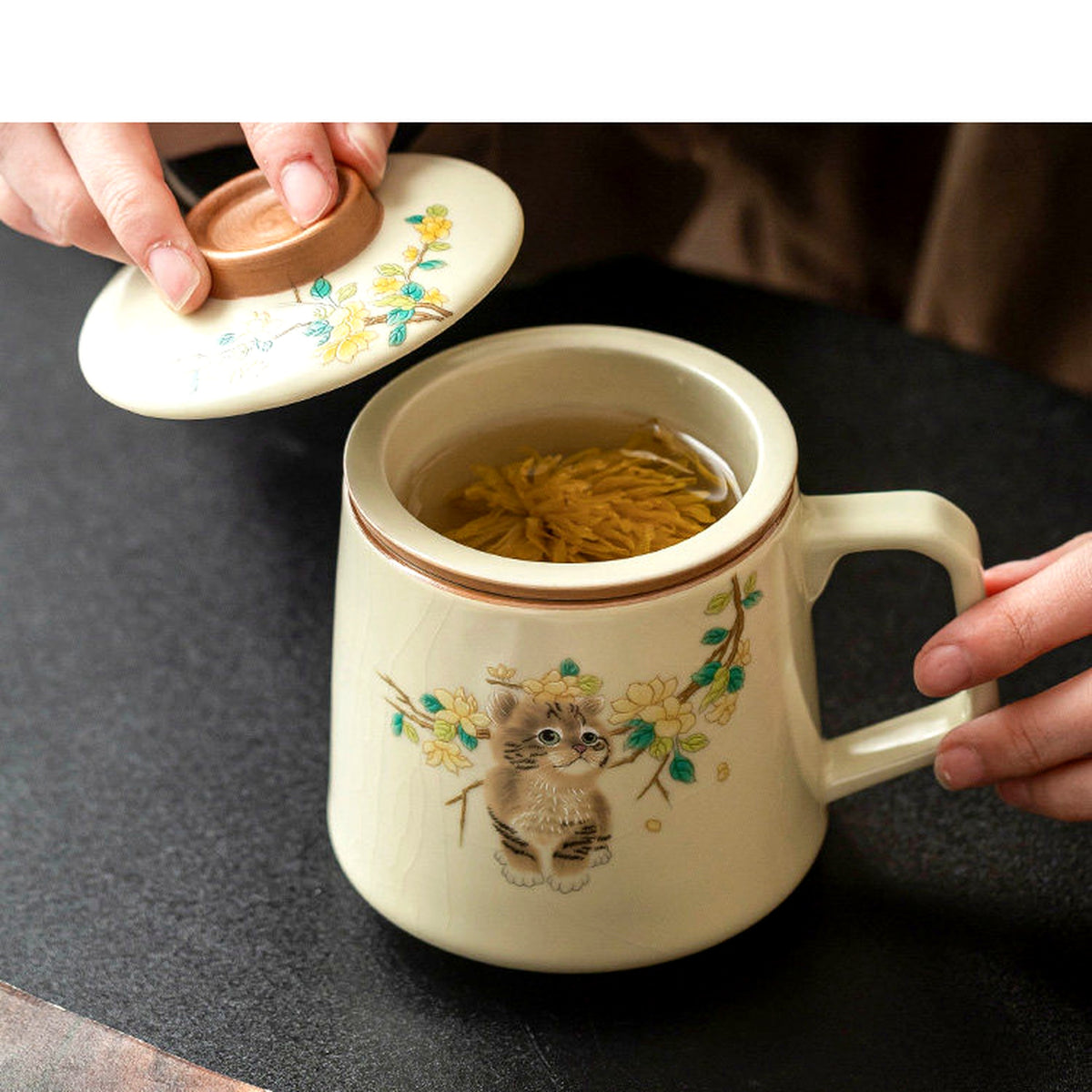 Magnolia cat tea mug in imperial yellow Ru glaze, gallery view 2