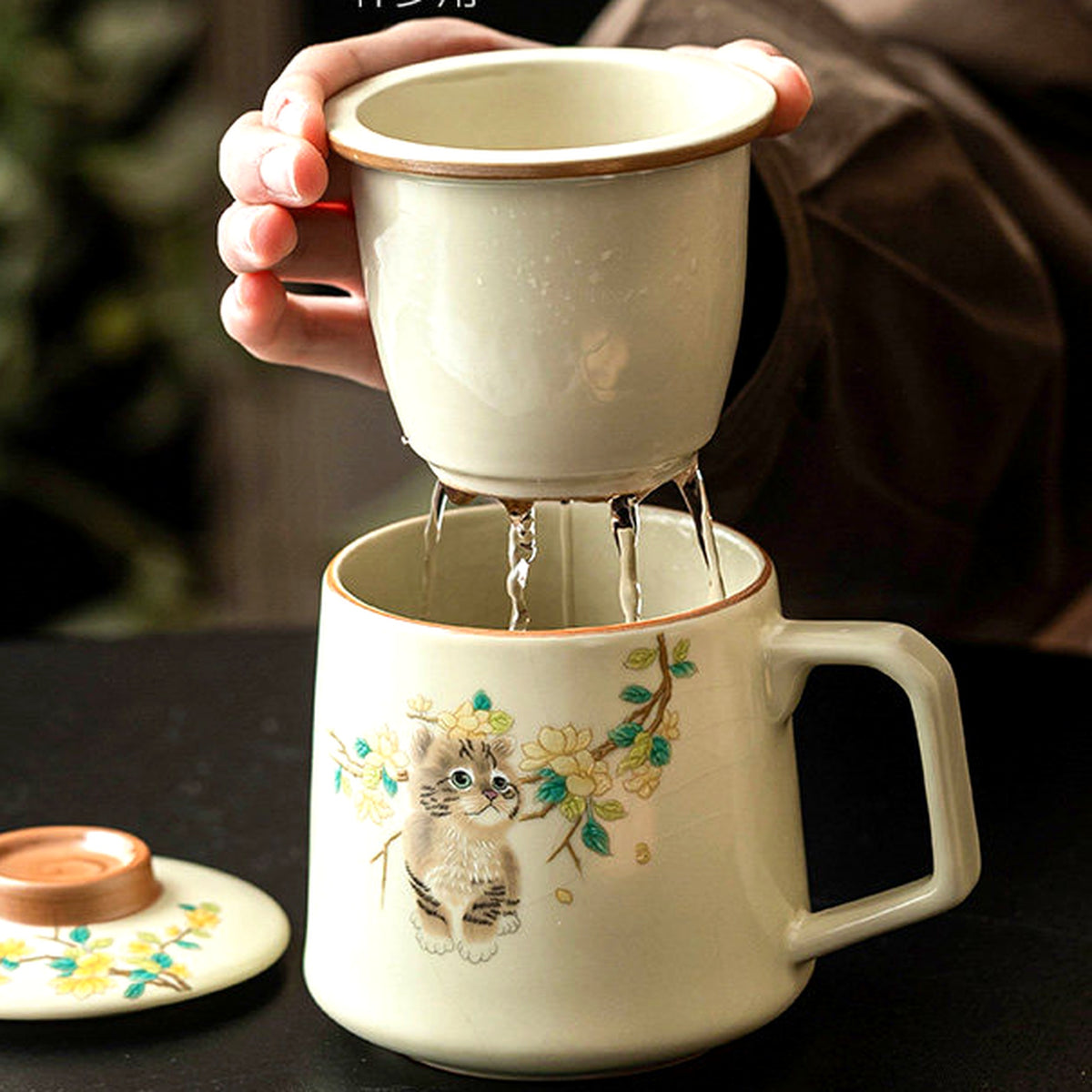 Magnolia cat tea mug in imperial yellow Ru glaze, gallery view 3