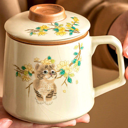 Magnolia cat tea mug in imperial yellow Ru glaze, gallery view 4