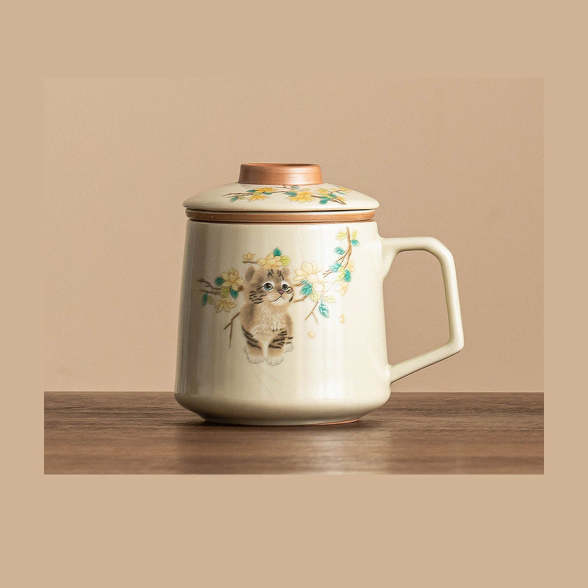Magnolia cat tea mug in imperial yellow Ru glaze, gallery view 5