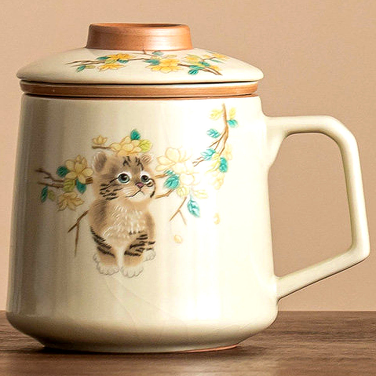 Magnolia cat tea mug in imperial yellow Ru glaze, gallery view 6