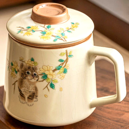 Magnolia cat tea mug in imperial yellow Ru glaze, gallery view 7
