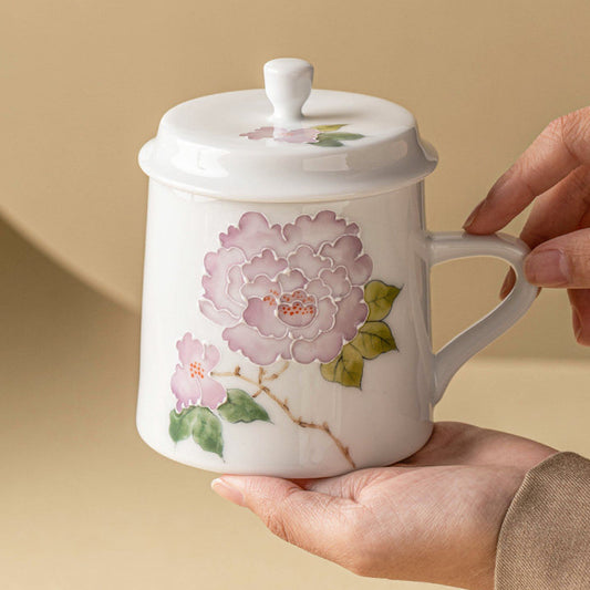 Hand-painted raised hibiscus ceramic tea mug set of 2 with lids