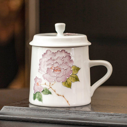Raised relief hibiscus mug set of 2 with lids, gallery view 6