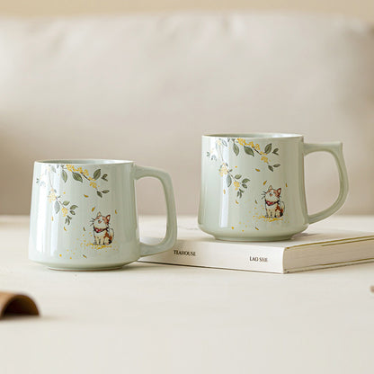 Plant-ash gray ceramic mug with hand-painted osmanthus cat design