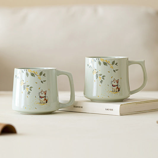 Plant-ash gray ceramic mug with hand-painted osmanthus cat design