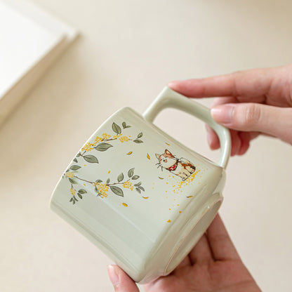 Osmanthus cat ceramic mug in plant-ash gray glaze, gallery view 2