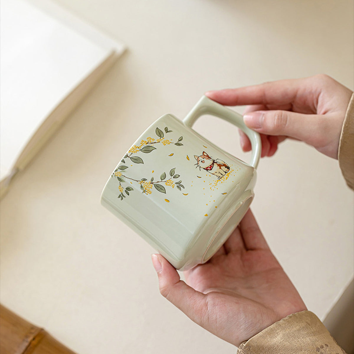 Osmanthus cat ceramic mug in plant-ash gray glaze, gallery view 3