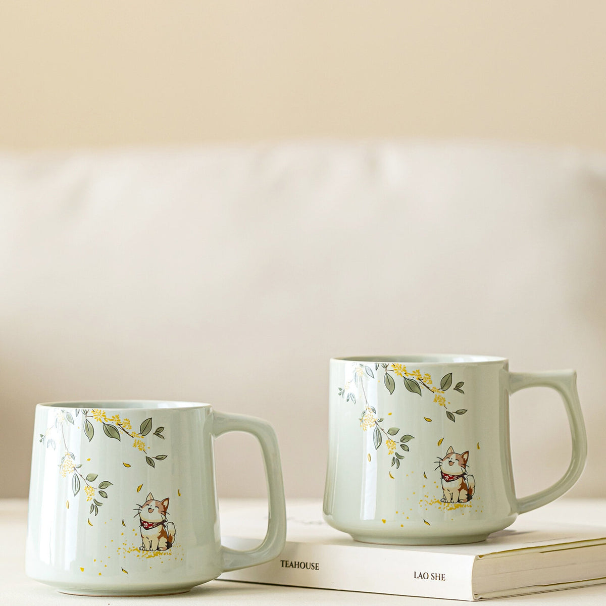 Osmanthus cat ceramic mug in plant-ash gray glaze, gallery view 5