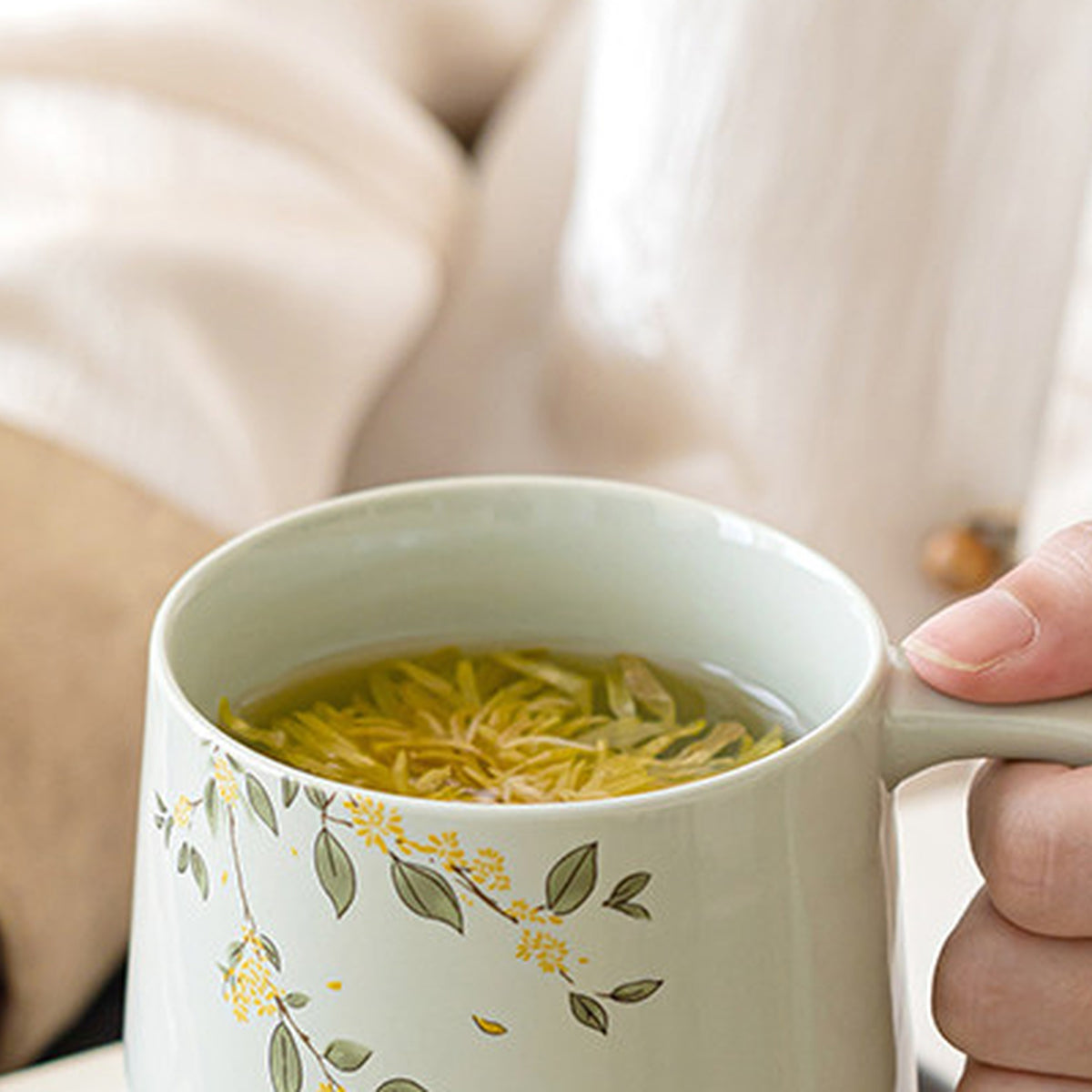 Osmanthus cat ceramic mug in plant-ash gray glaze, gallery view 6