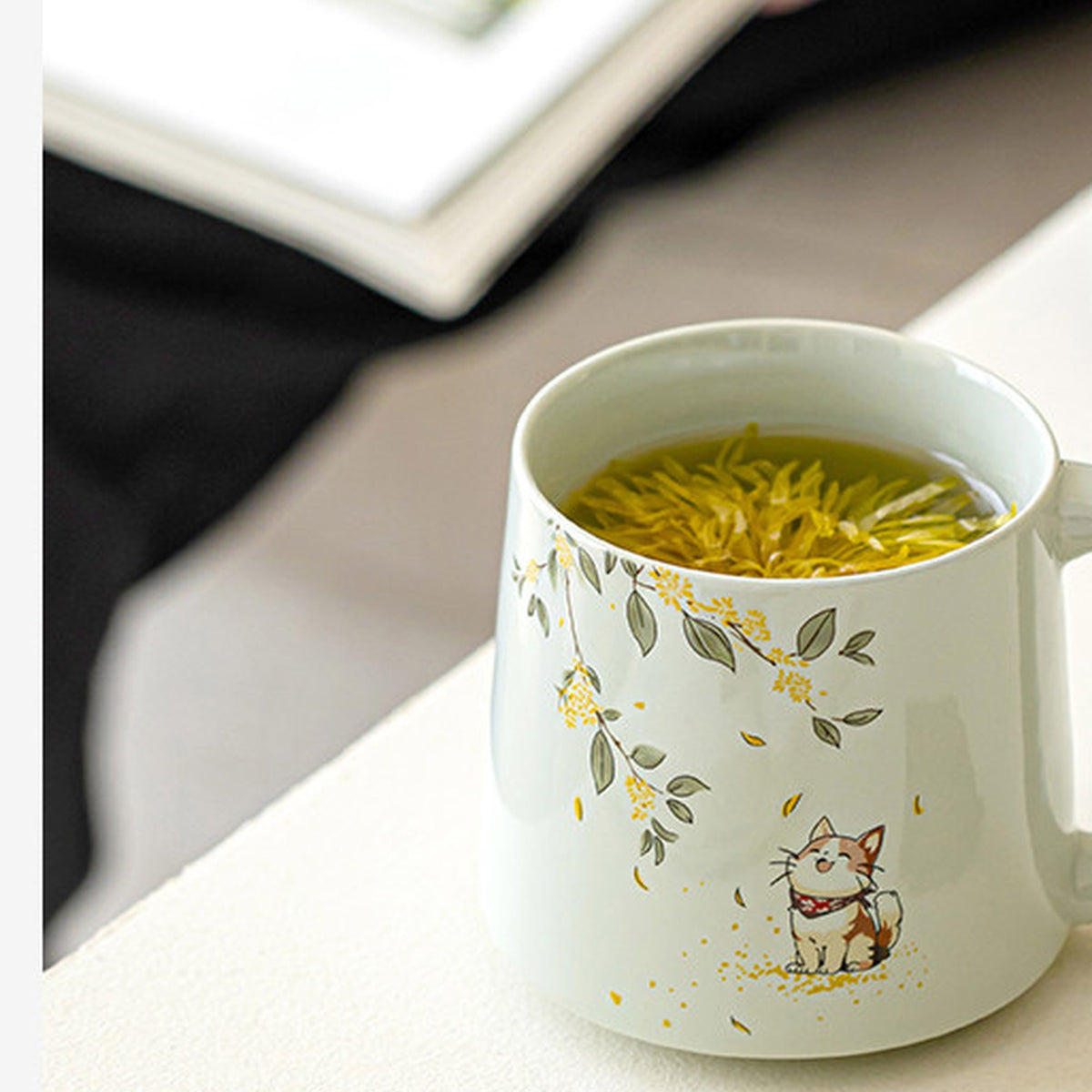 Osmanthus cat ceramic mug in plant-ash gray glaze, gallery view 7
