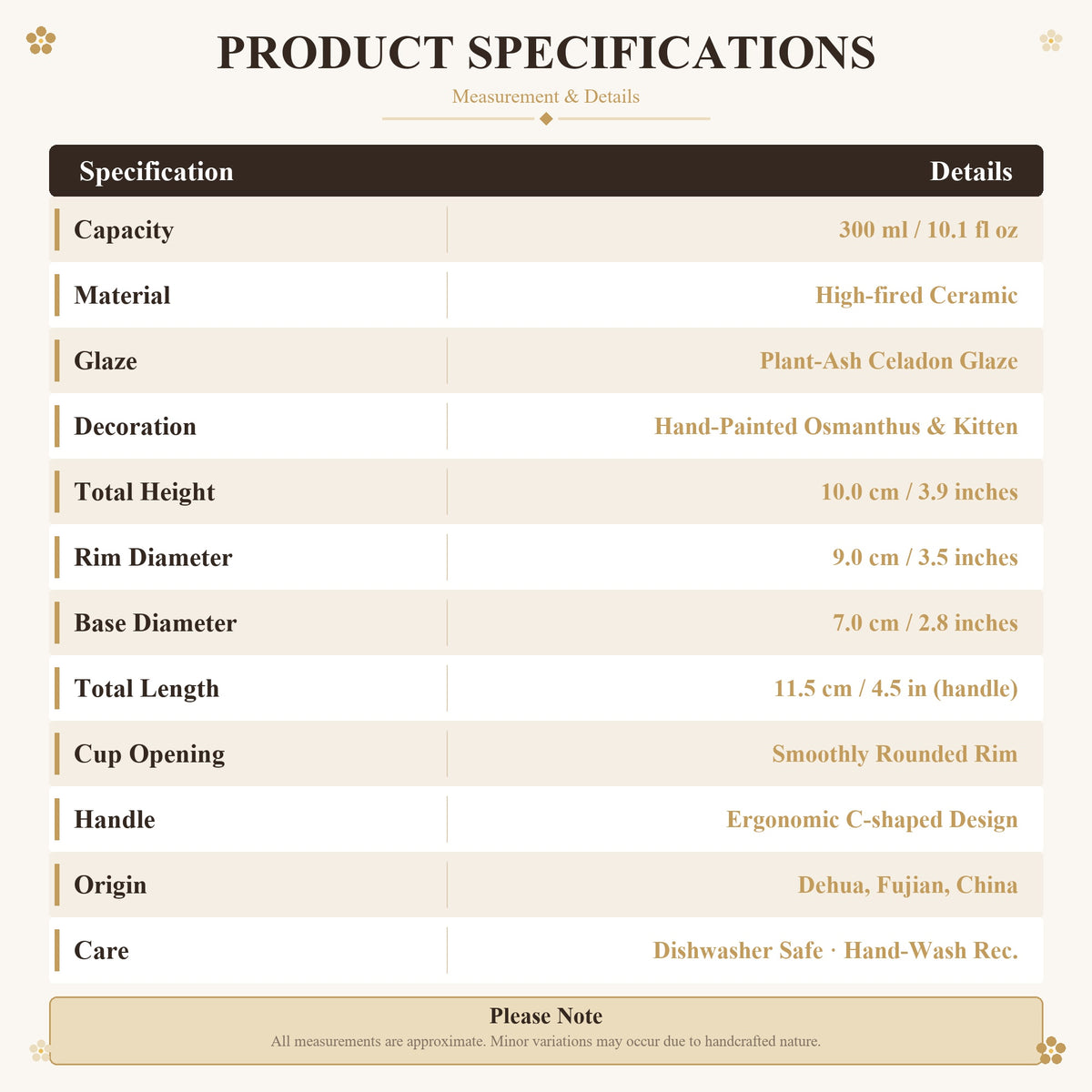 Size chart for the 300 ml osmanthus cat mug: 11.5 cm width, 10 cm height