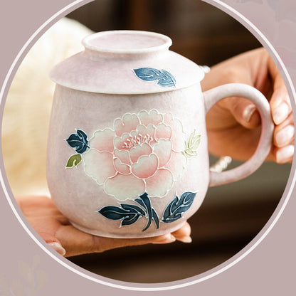 Underglaze hand-painted purple peony office tea mug with lid