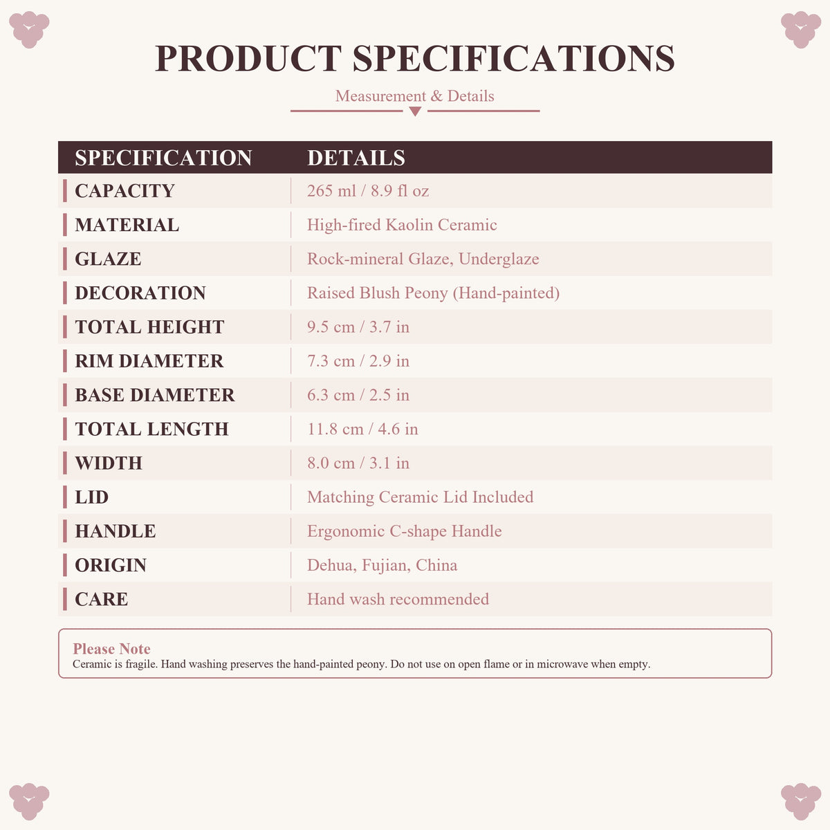 Size chart for the 265 ml peony mug: 11.8 cm length, 9.5 cm height