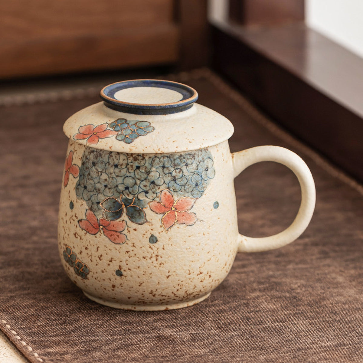 Blue & White Firestone Red Gold-Trimmed Hand-Painted Hydrangea Ceramic Tea Mug, gallery view 2