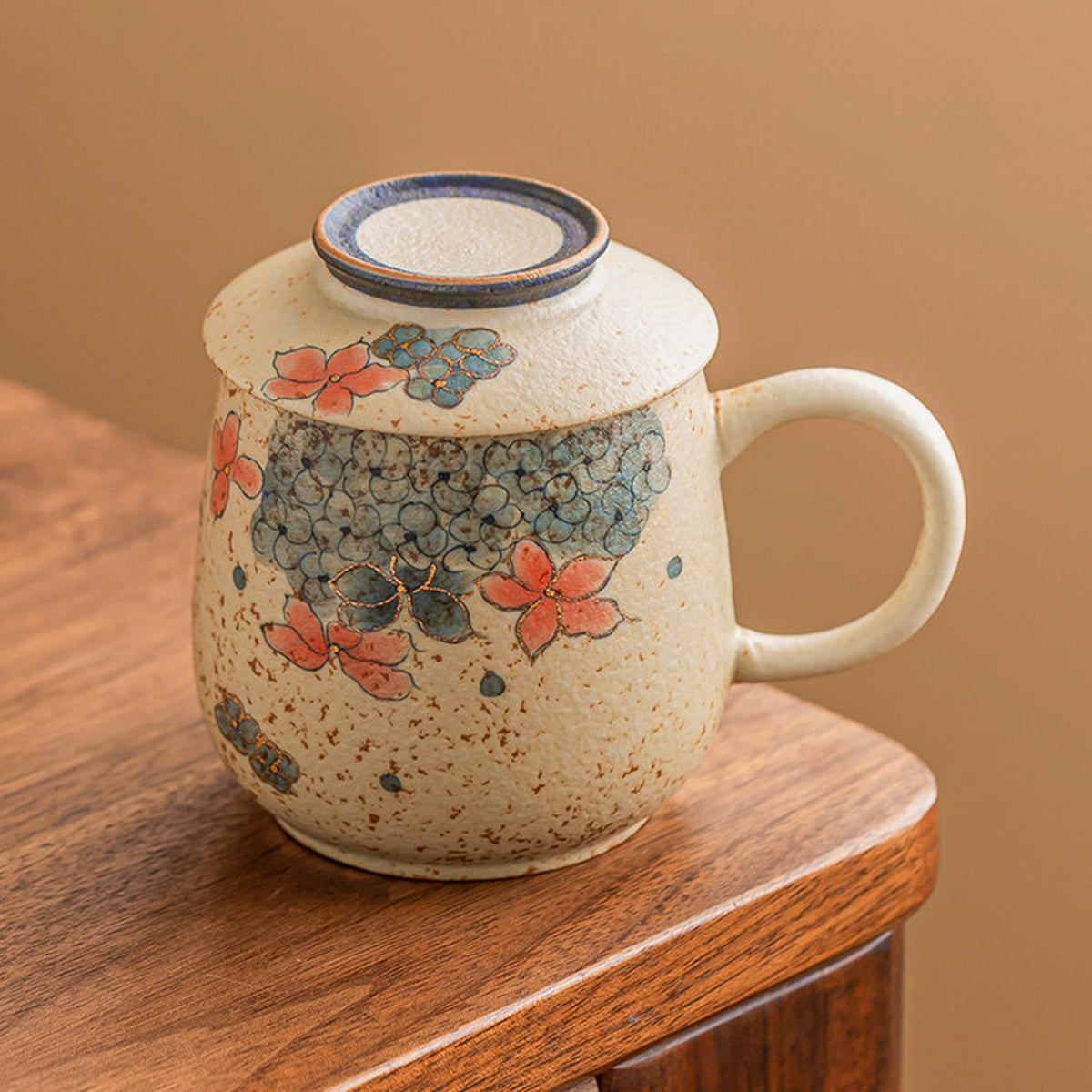 Blue & White Firestone Red Gold-Trimmed Hand-Painted Hydrangea Ceramic Tea Mug, gallery view 3