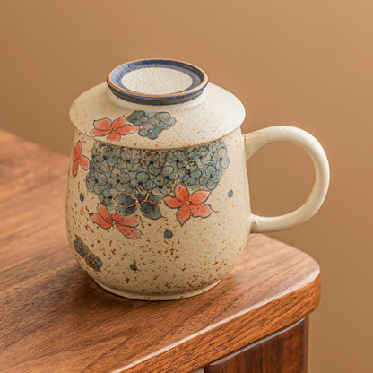 Blue & White Firestone Red Gold-Trimmed Hand-Painted Hydrangea Ceramic Tea Mug, gallery view 3