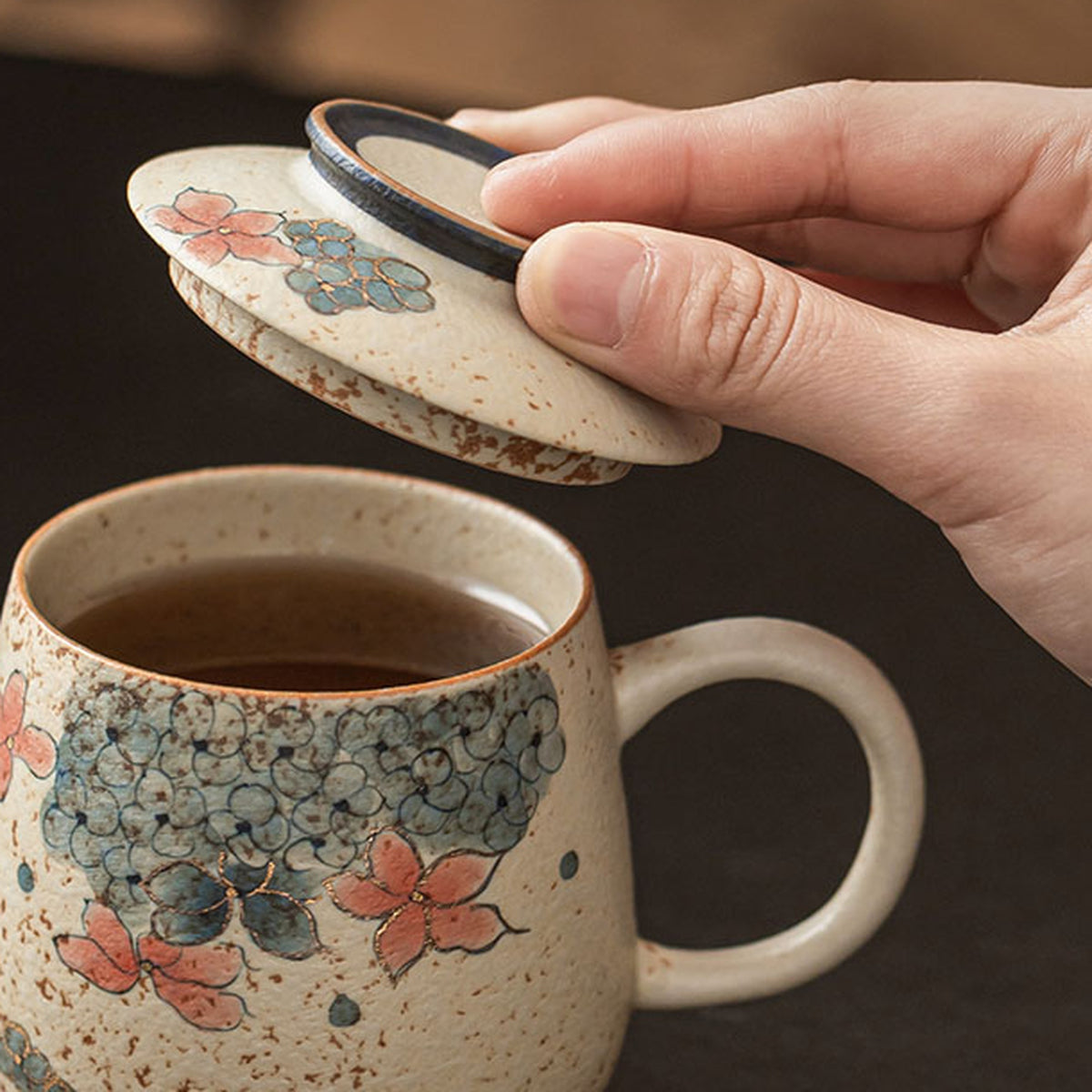 Blue & White Firestone Red Gold-Trimmed Hand-Painted Hydrangea Ceramic Tea Mug, gallery view 4