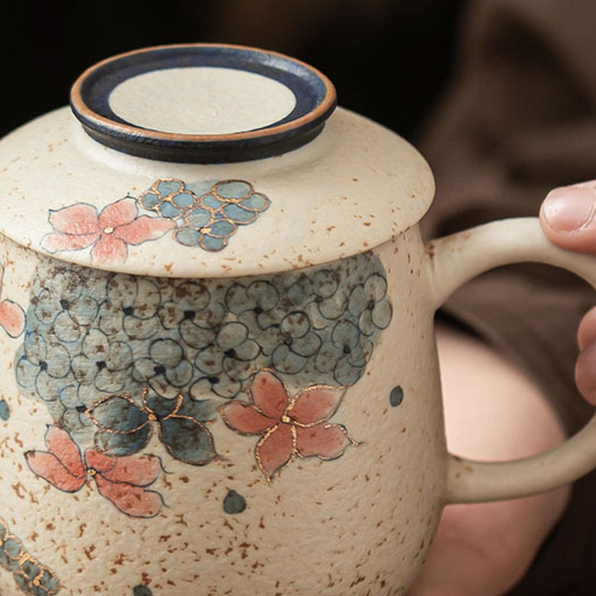 Blue & White Firestone Red Gold-Trimmed Hand-Painted Hydrangea Ceramic Tea Mug, gallery view 5