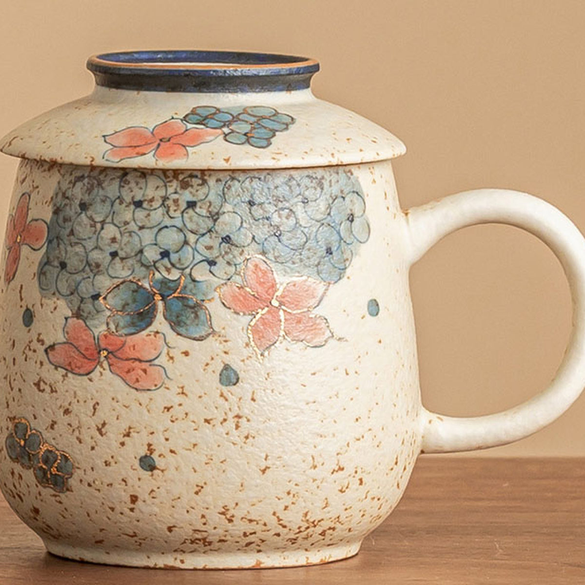 Blue & White Firestone Red Gold-Trimmed Hand-Painted Hydrangea Ceramic Tea Mug, gallery view 6