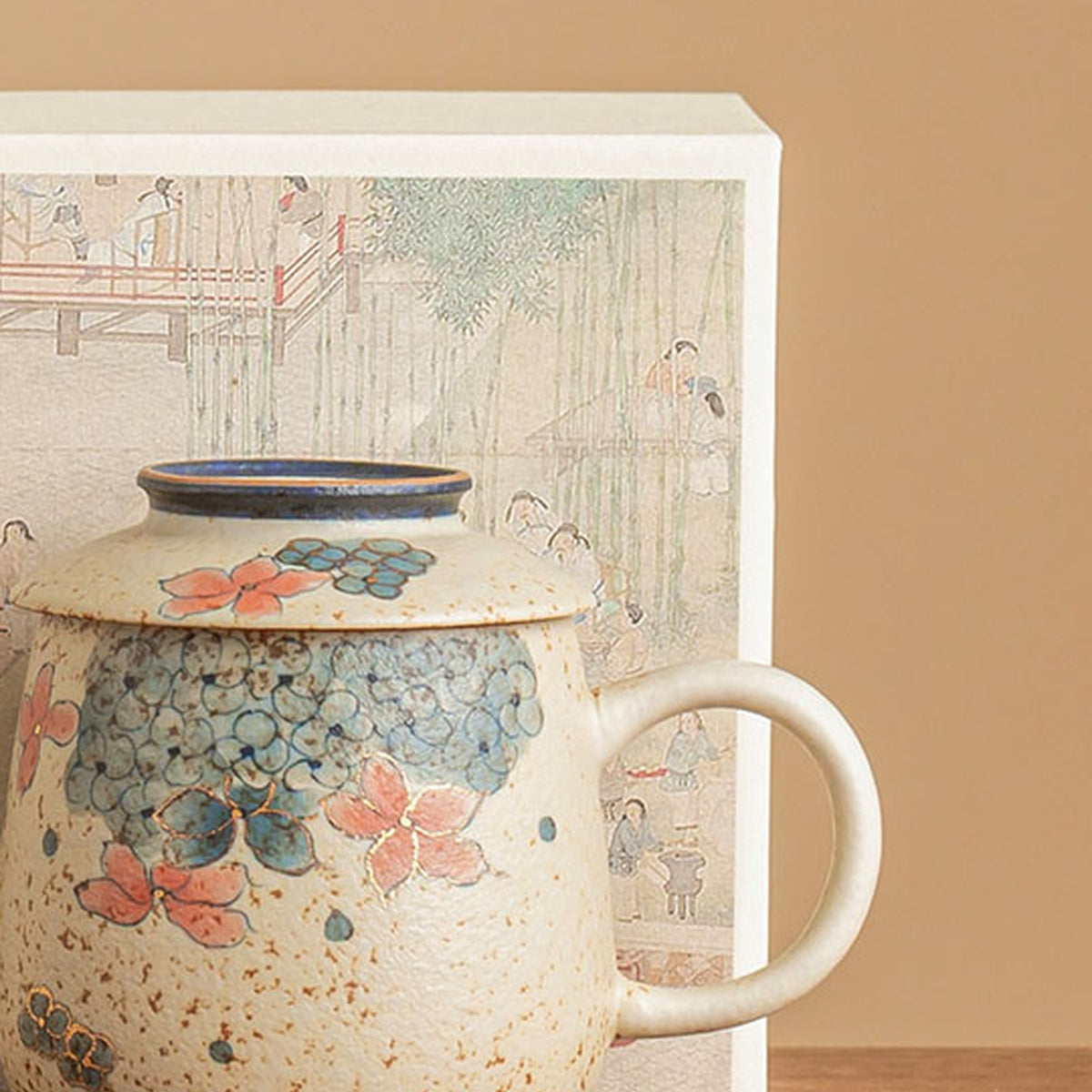 Blue & White Firestone Red Gold-Trimmed Hand-Painted Hydrangea Ceramic Tea Mug, gallery view 7