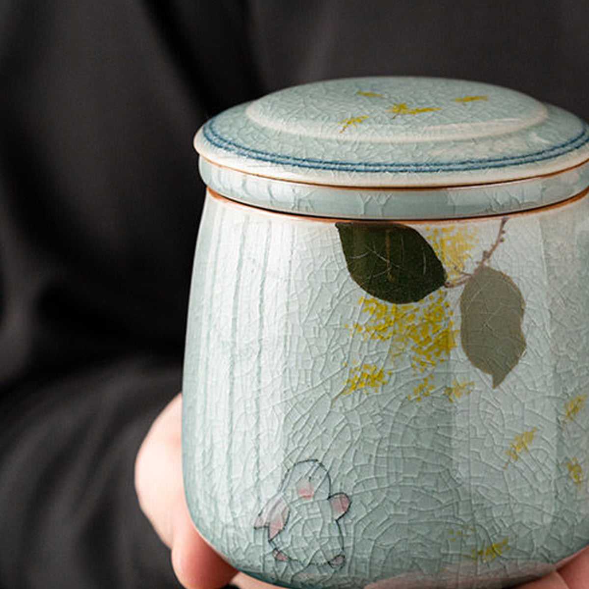 Ice-Crackle Hand-Painted Gold Osmanthus Rabbit Ceramic Office Mug with Filter, gallery view 3