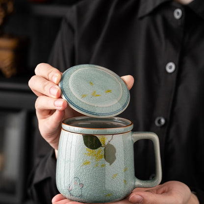 Ice-Crackle Hand-Painted Gold Osmanthus Rabbit Ceramic Office Mug with Filter, gallery view 4