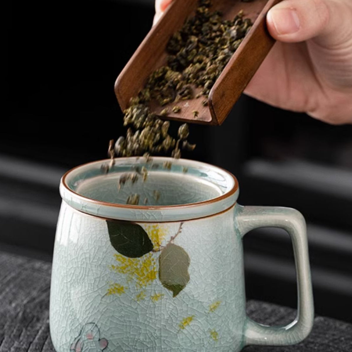 Ice-Crackle Hand-Painted Gold Osmanthus Rabbit Ceramic Office Mug with Filter, gallery view 6
