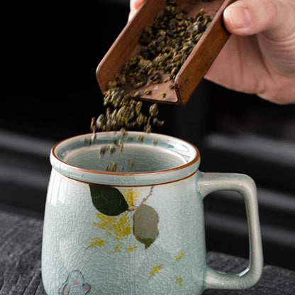 Ice-Crackle Hand-Painted Gold Osmanthus Rabbit Ceramic Office Mug with Filter, gallery view 6