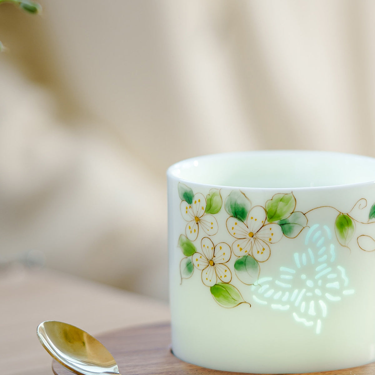 Jade-Crystal Butterfly & Rose Hand-Painted Ceramic Coffee Mug Set with Saucer