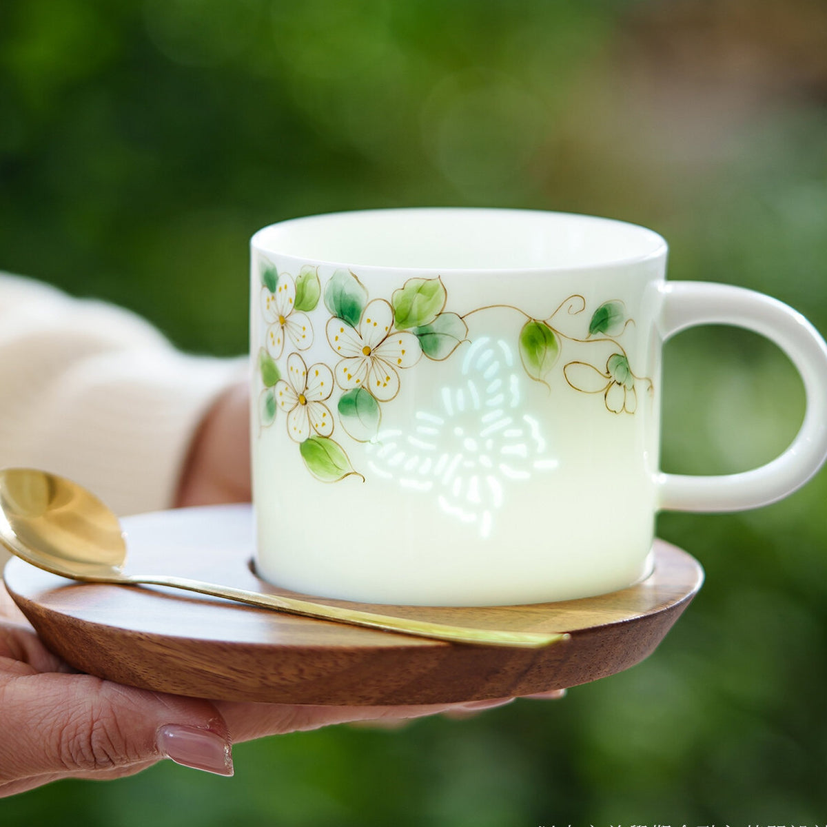 Jade-Crystal Butterfly & Rose Hand-Painted Ceramic Coffee Mug Set with Saucer, gallery view 2