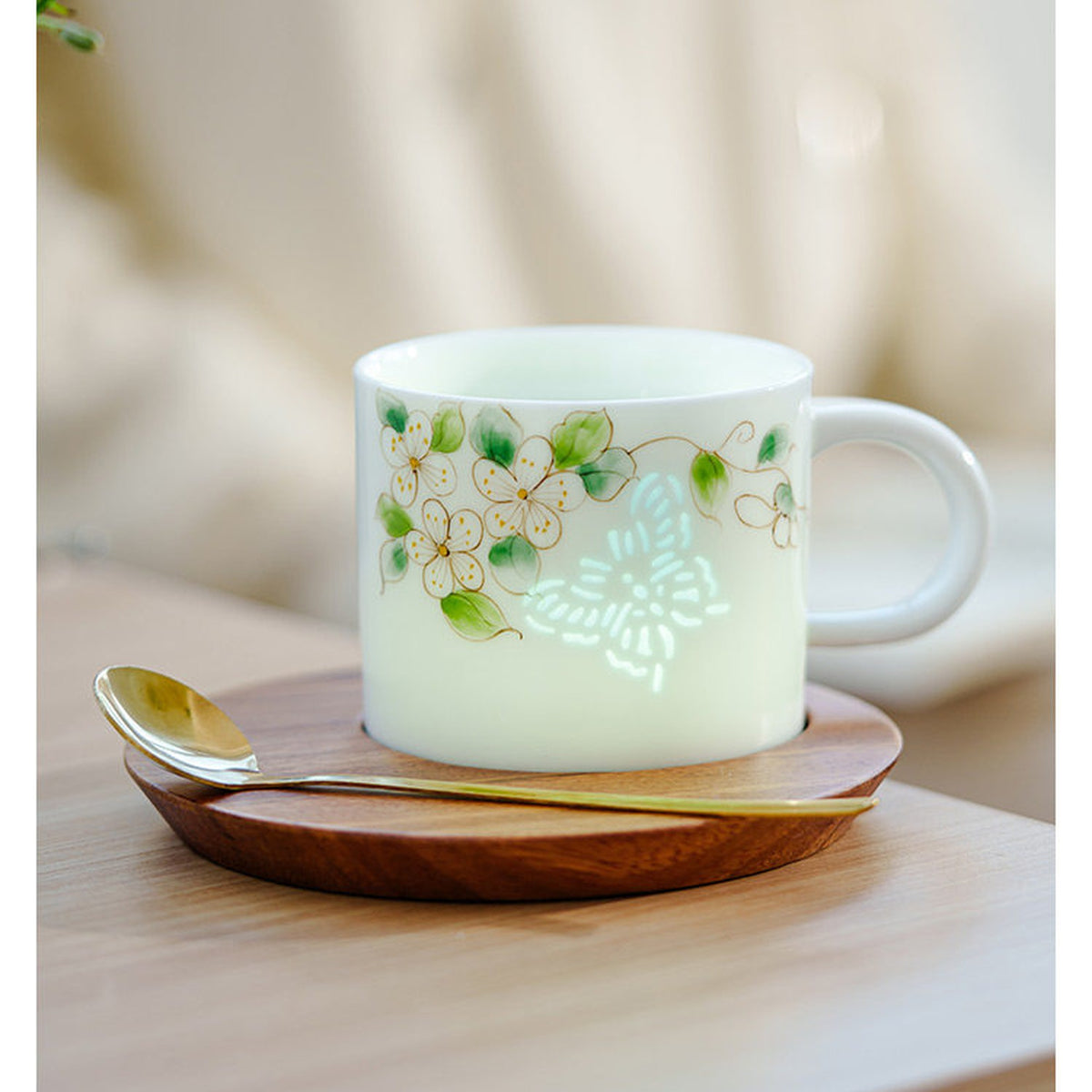 Jade-Crystal Butterfly & Rose Hand-Painted Ceramic Coffee Mug Set with Saucer, gallery view 6