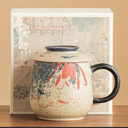 Blue & White Firestone Red Gold-Trimmed Hand-Painted Lotus & Koi Ceramic Tea