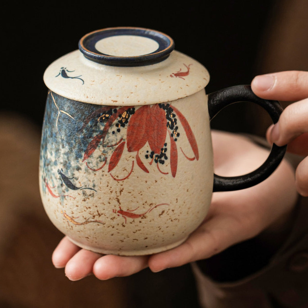 Blue & White Firestone Red Gold-Trimmed Hand-Painted Lotus & Koi Ceramic Tea, gallery view 2