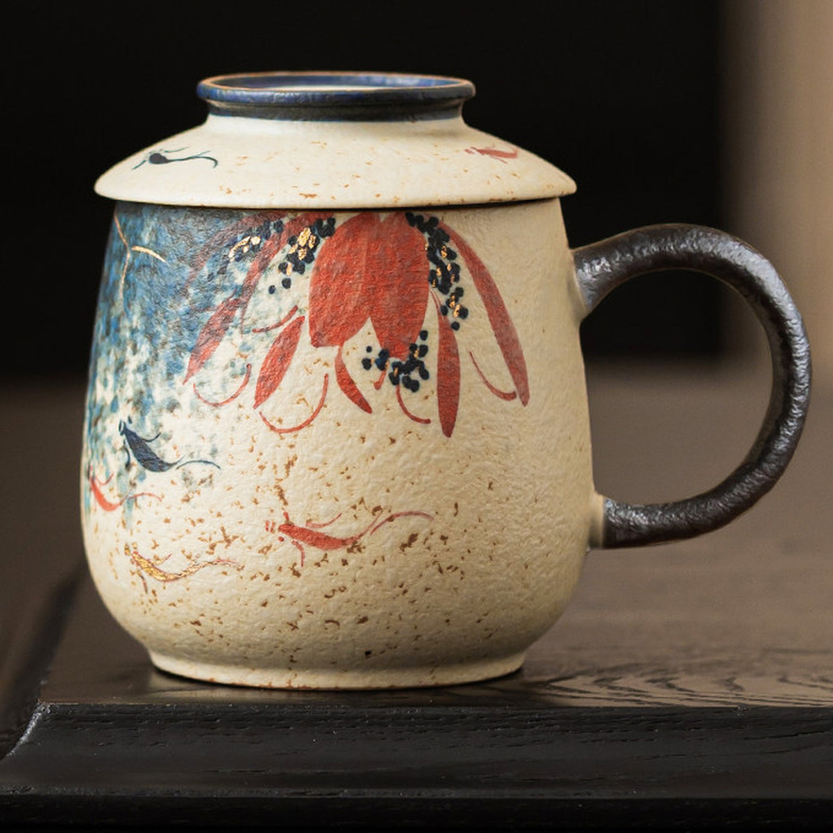 Blue & White Firestone Red Gold-Trimmed Hand-Painted Lotus & Koi Ceramic Tea, gallery view 3