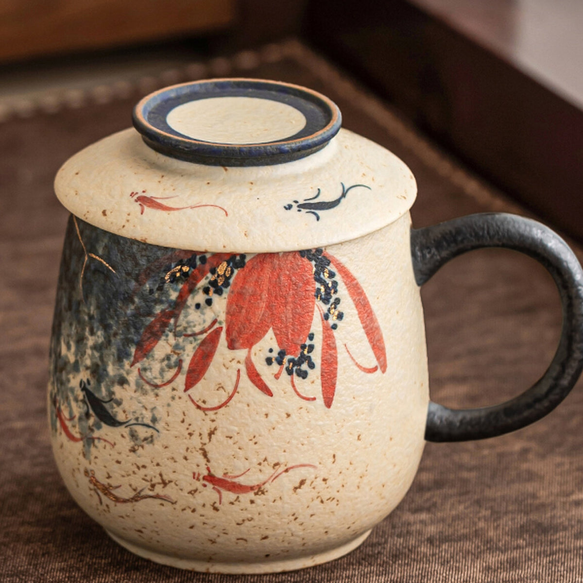 Blue & White Firestone Red Gold-Trimmed Hand-Painted Lotus & Koi Ceramic Tea, gallery view 5