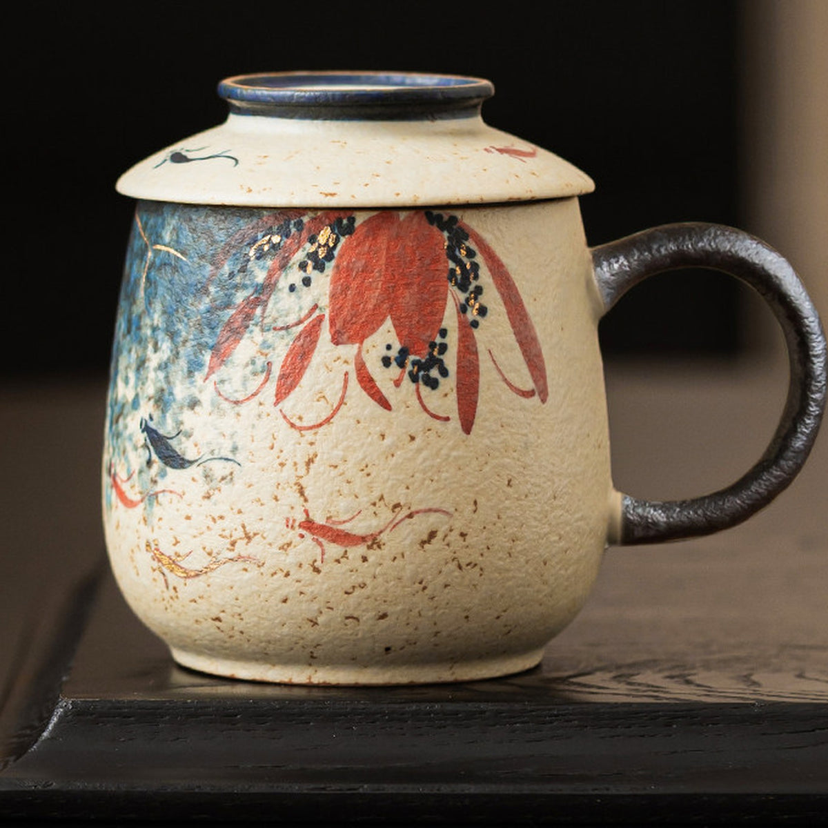 Blue & White Firestone Red Gold-Trimmed Hand-Painted Lotus & Koi Ceramic Tea, gallery view 6