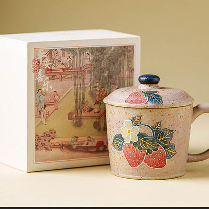 Firestone-Red Plum Pink Hand-Molded Gold-Trimmed Strawberry Ceramic Coffee Mug