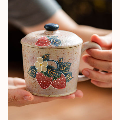 Firestone-Red Plum Pink Hand-Molded Gold-Trimmed Strawberry Ceramic Coffee Mug, gallery view 2