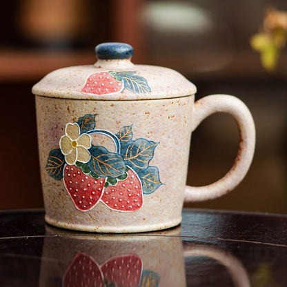 Firestone-Red Plum Pink Hand-Molded Gold-Trimmed Strawberry Ceramic Coffee Mug, gallery view 3