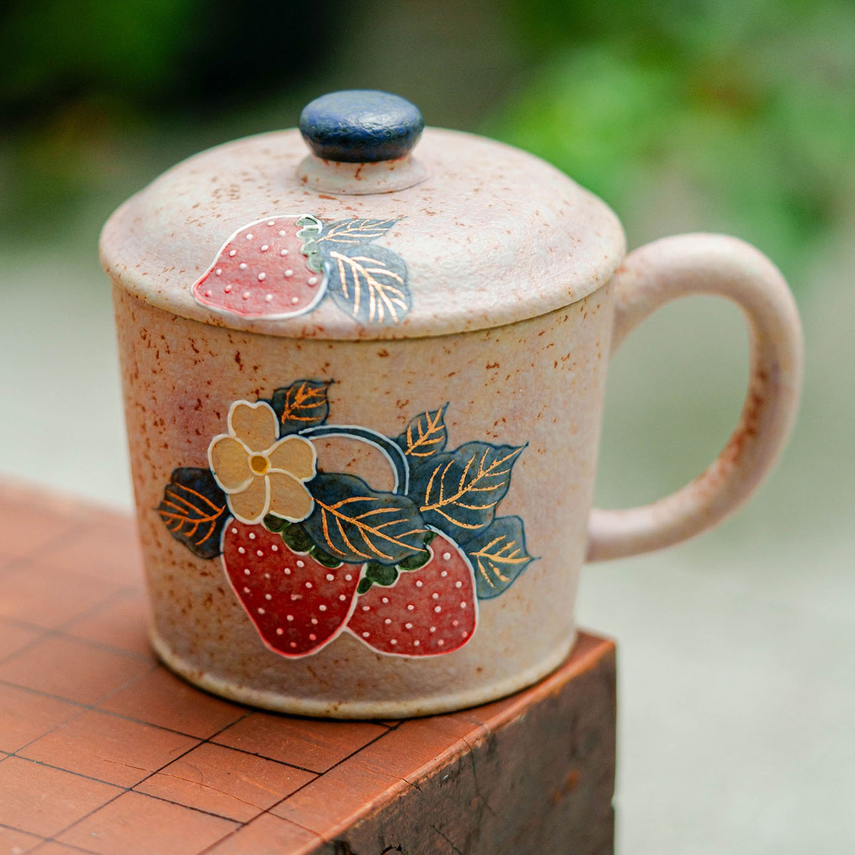 Firestone-Red Plum Pink Hand-Molded Gold-Trimmed Strawberry Ceramic Coffee Mug, gallery view 4