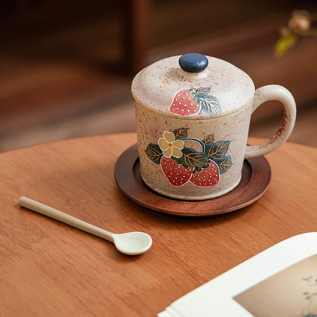 Firestone-Red Plum Pink Hand-Molded Gold-Trimmed Strawberry Ceramic Coffee Mug, gallery view 5