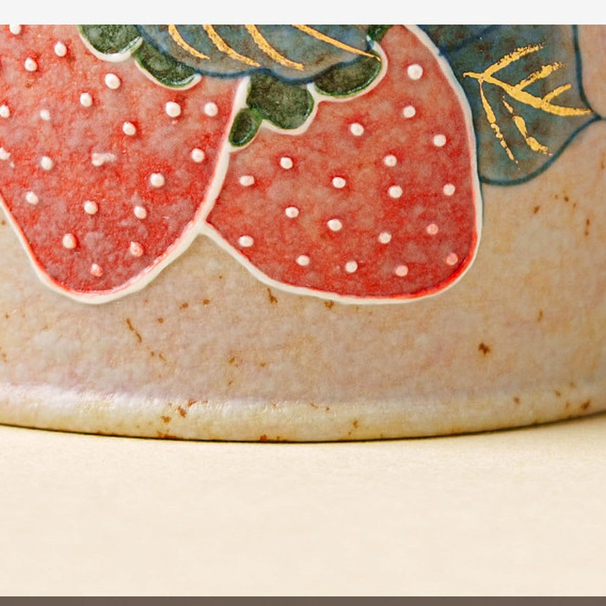 Firestone-Red Plum Pink Hand-Molded Gold-Trimmed Strawberry Ceramic Coffee Mug, gallery view 6