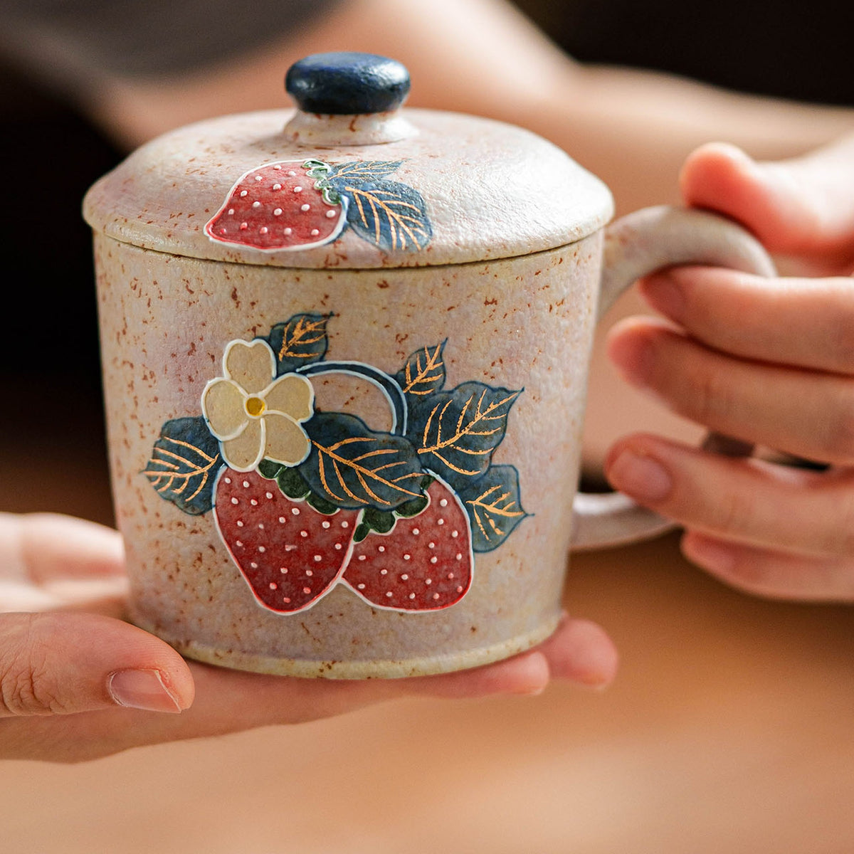 Firestone-Red Plum Pink Hand-Molded Gold-Trimmed Strawberry Ceramic Coffee Mug, gallery view 7