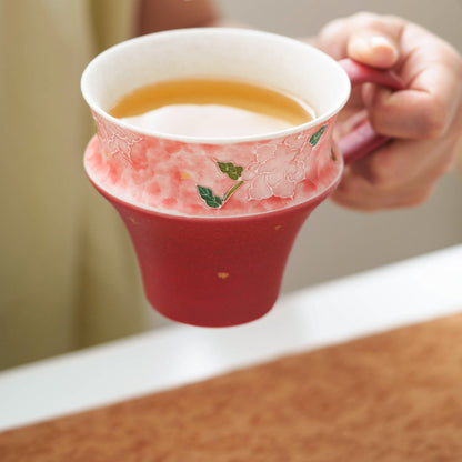 Mineral-White Gold-Flecked Peach Pink Hand-Molded Rose Ceramic Tea & Coffee Mug, gallery view 2