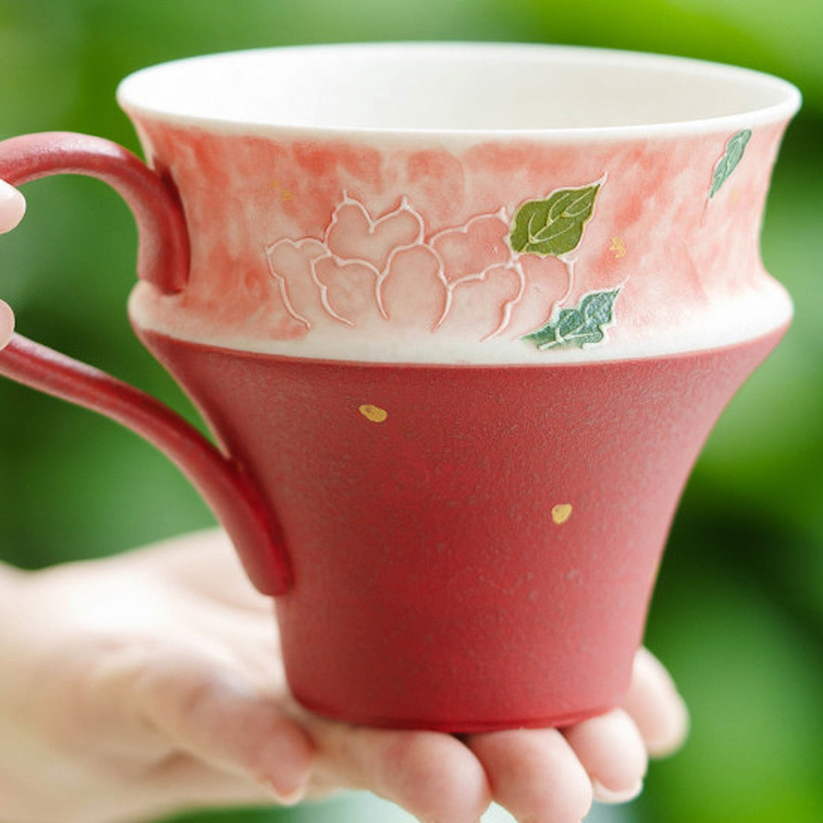 Mineral-White Gold-Flecked Peach Pink Hand-Molded Rose Ceramic Tea & Coffee Mug, gallery view 4