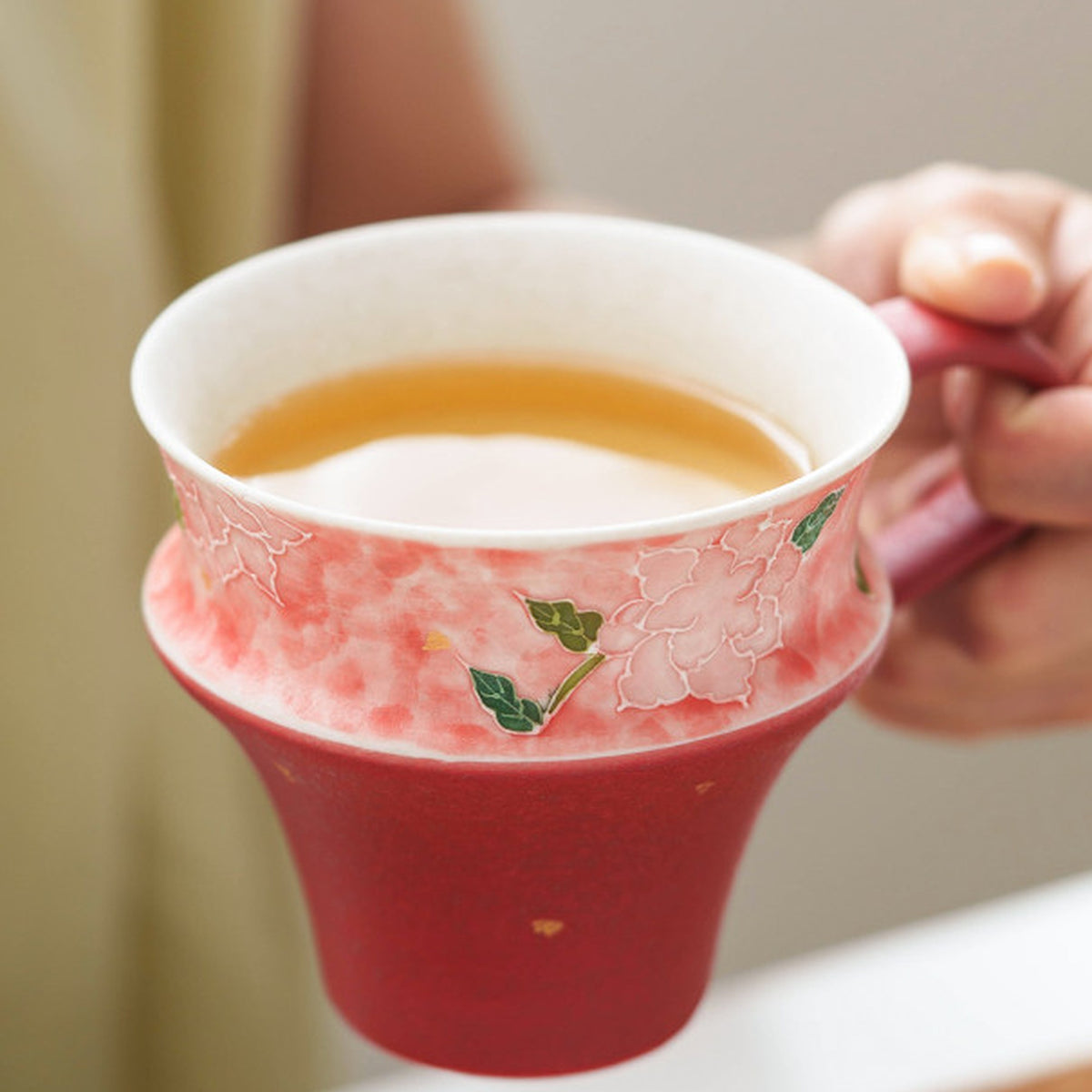 Mineral-White Gold-Flecked Peach Pink Hand-Molded Rose Ceramic Tea & Coffee Mug, gallery view 7