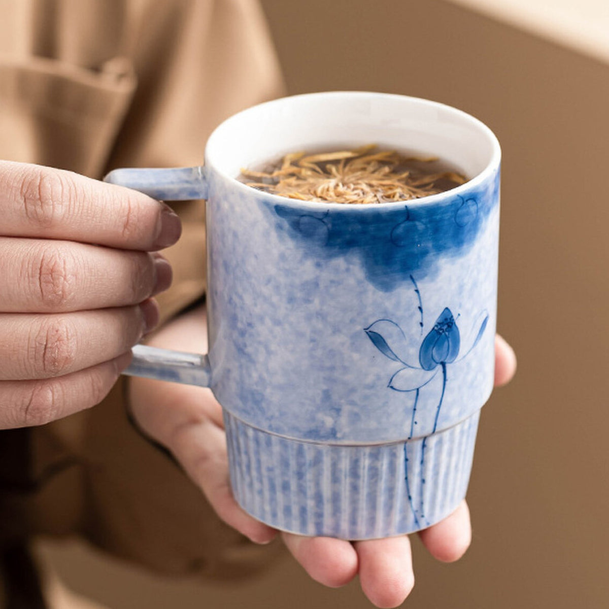 Hand-Painted Ink-Dye Blue Lotus Vertical-Ribbed Ceramic Tea Mug with Filter Lid, gallery view 2