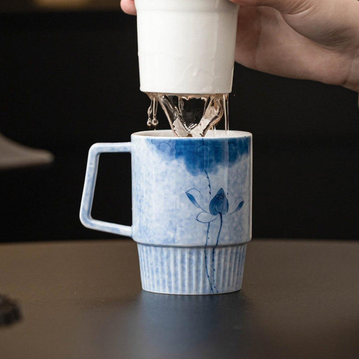 Hand-Painted Ink-Dye Blue Lotus Vertical-Ribbed Ceramic Tea Mug with Filter Lid, gallery view 3