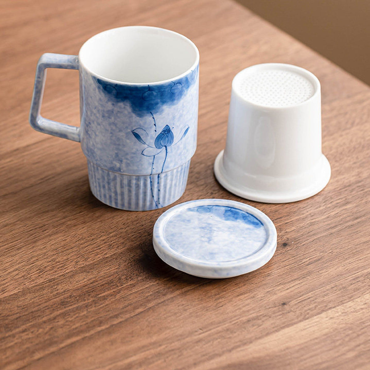 Hand-Painted Ink-Dye Blue Lotus Vertical-Ribbed Ceramic Tea Mug with Filter Lid, gallery view 4